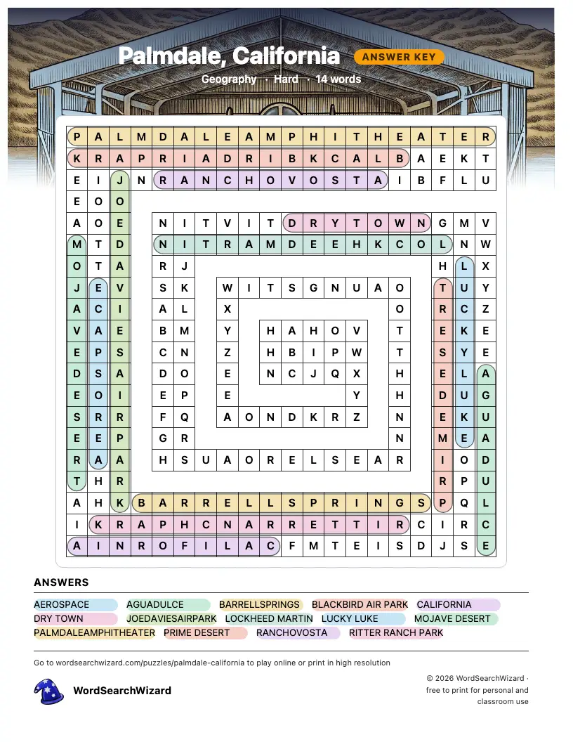 Palmdale, California word search answer key, all 14 words marked