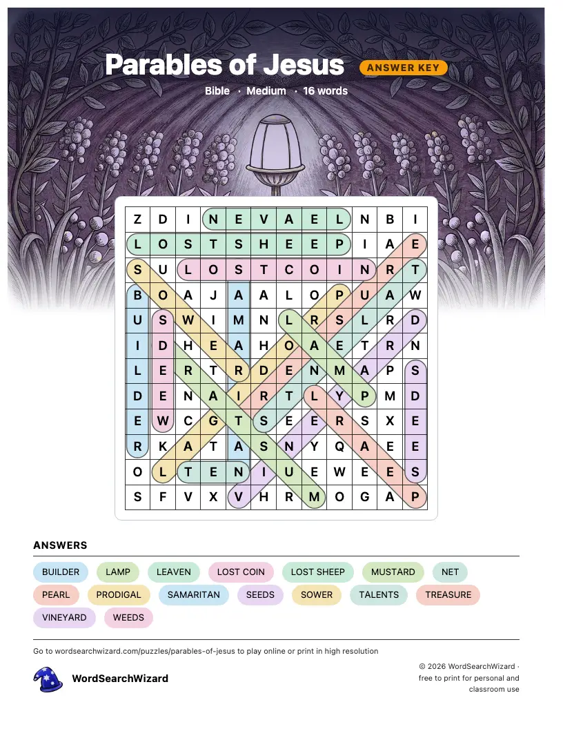 Parables of Jesus word search answer key, all 16 words marked
