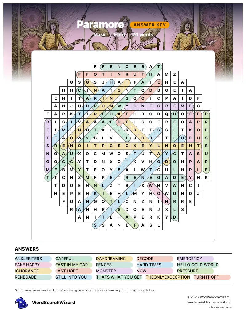 Paramore word search answer key, all 20 words marked