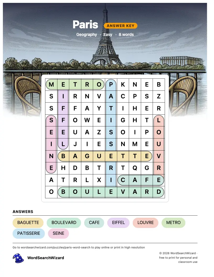 Paris word search answer key, all 8 words marked