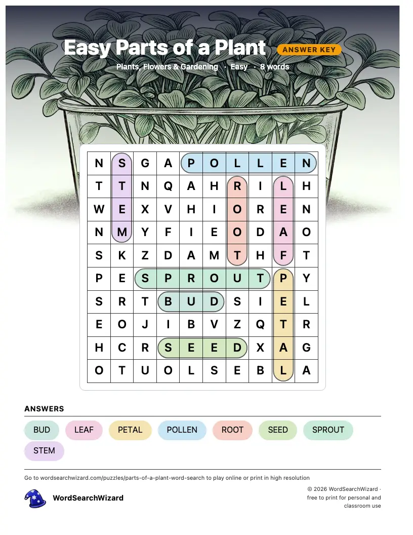 Easy Parts of a Plant word search answer key, all 8 words marked