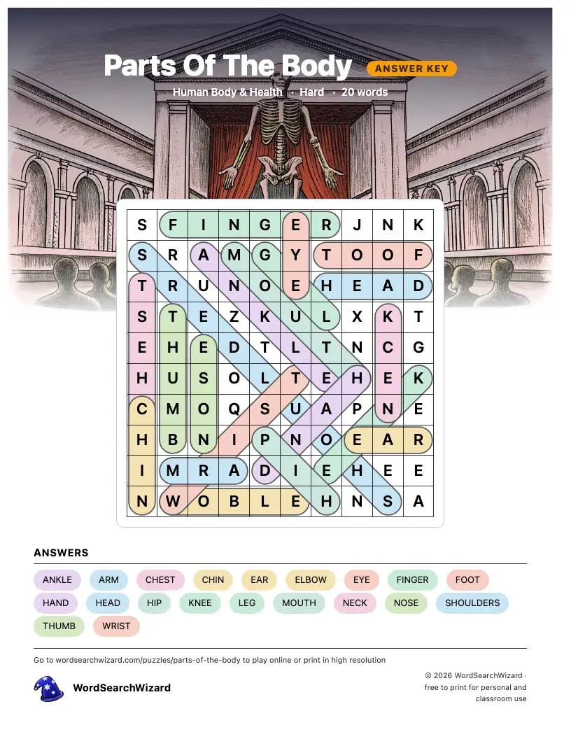 Parts Of The Body word search answer key, all 20 words marked