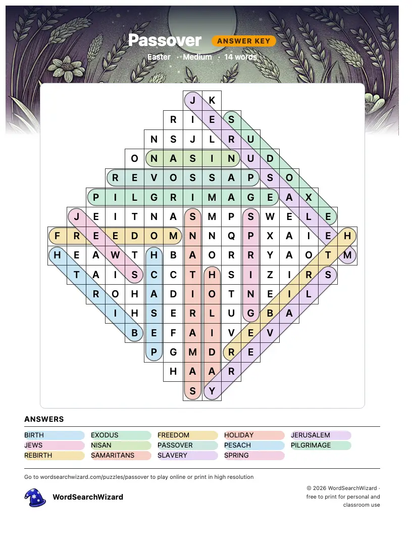 Passover word search answer key, all 14 words marked