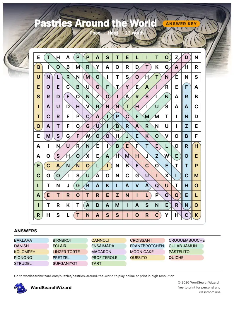 Pastries Around the World word search answer key, all 23 words marked