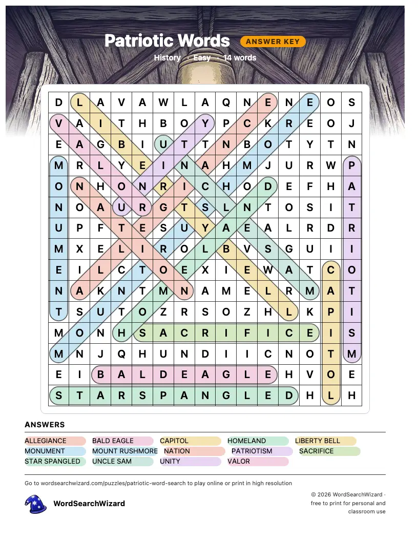 Patriotic Words word search answer key, all 14 words marked