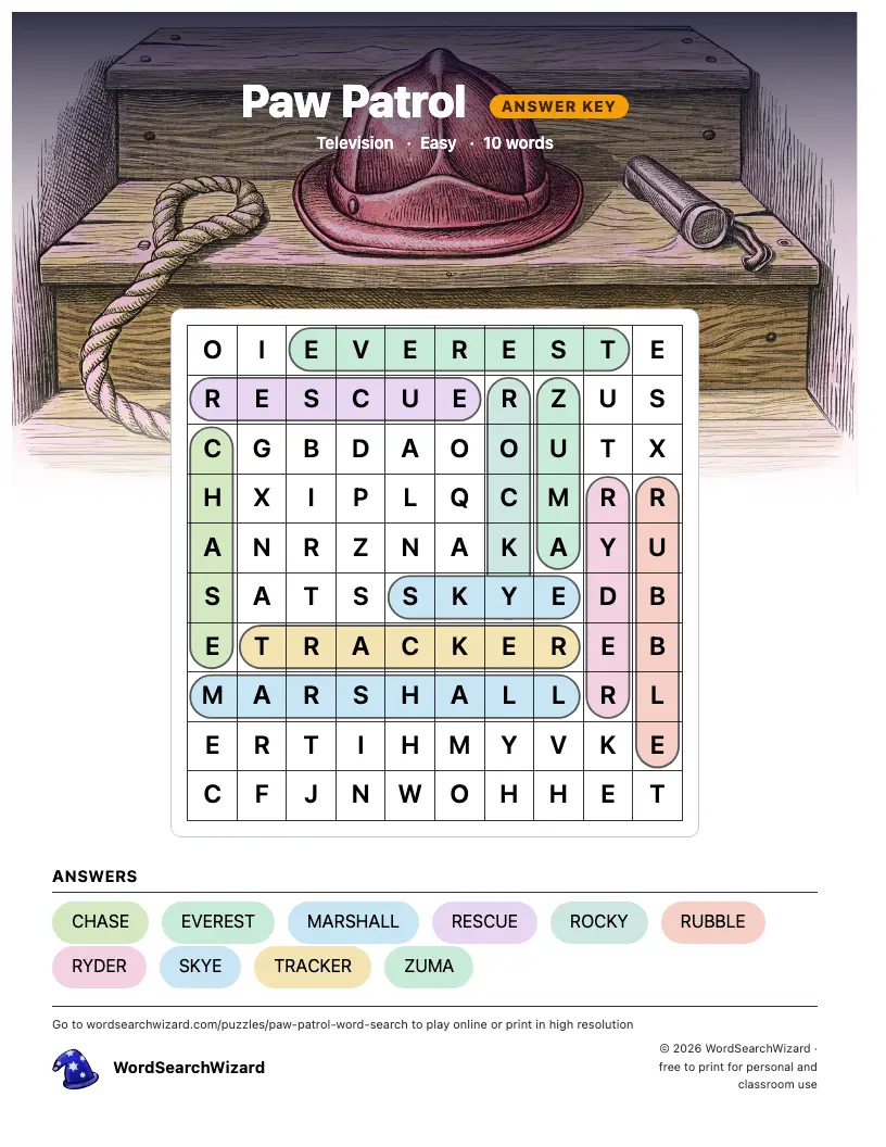 Paw Patrol word search answer key, all 10 words marked