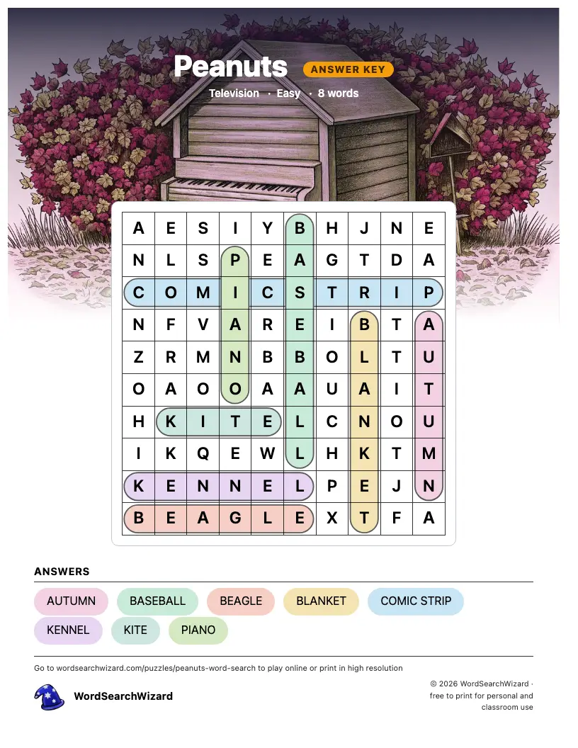 Peanuts word search answer key, all 8 words marked