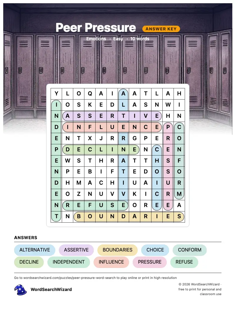 Peer Pressure word search answer key, all 10 words marked
