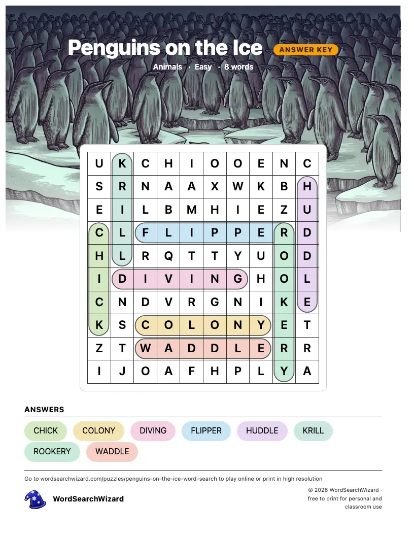 Penguins on the Ice word search answer key, all 8 words marked