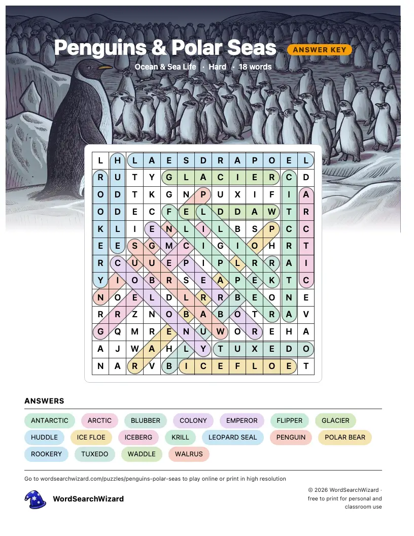 Penguins & Polar Seas word search answer key, all 18 words marked