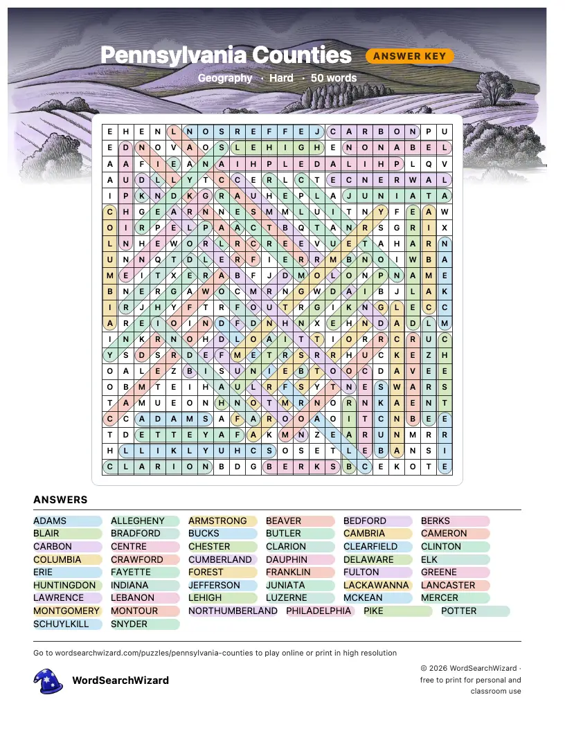 Pennsylvania Counties word search answer key, all 50 words marked