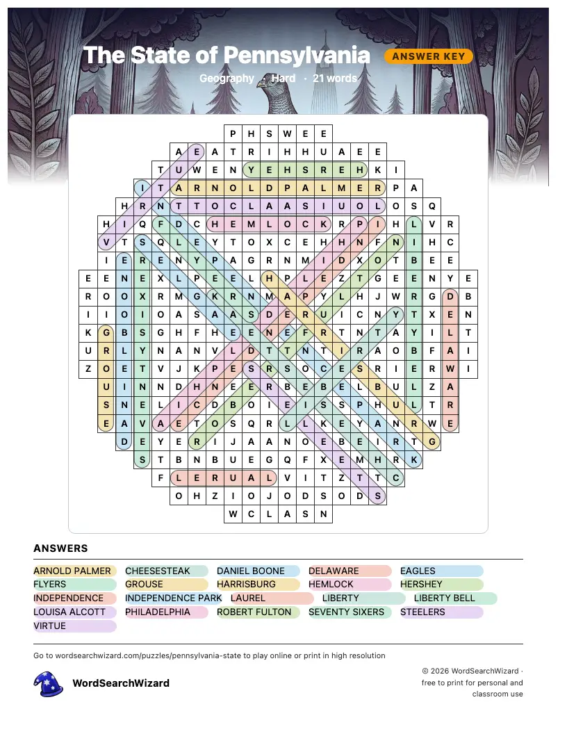 The State of Pennsylvania word search answer key, all 21 words marked