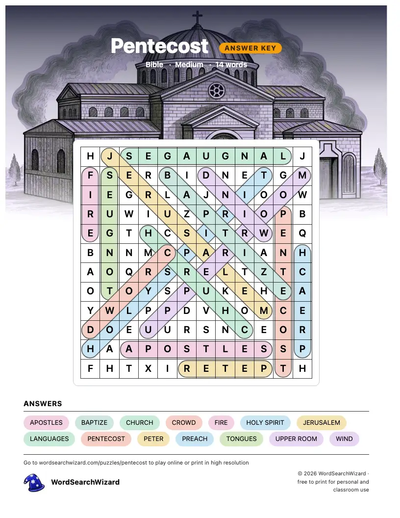 Pentecost word search answer key, all 14 words marked