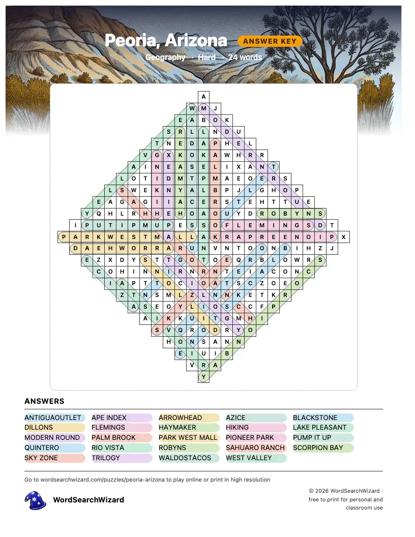 Peoria, Arizona word search answer key, all 24 words marked