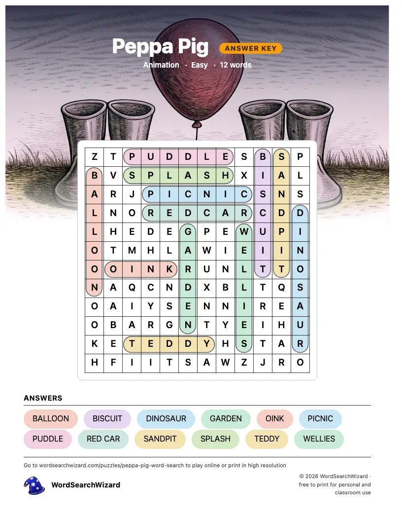 Peppa Pig word search answer key, all 12 words marked