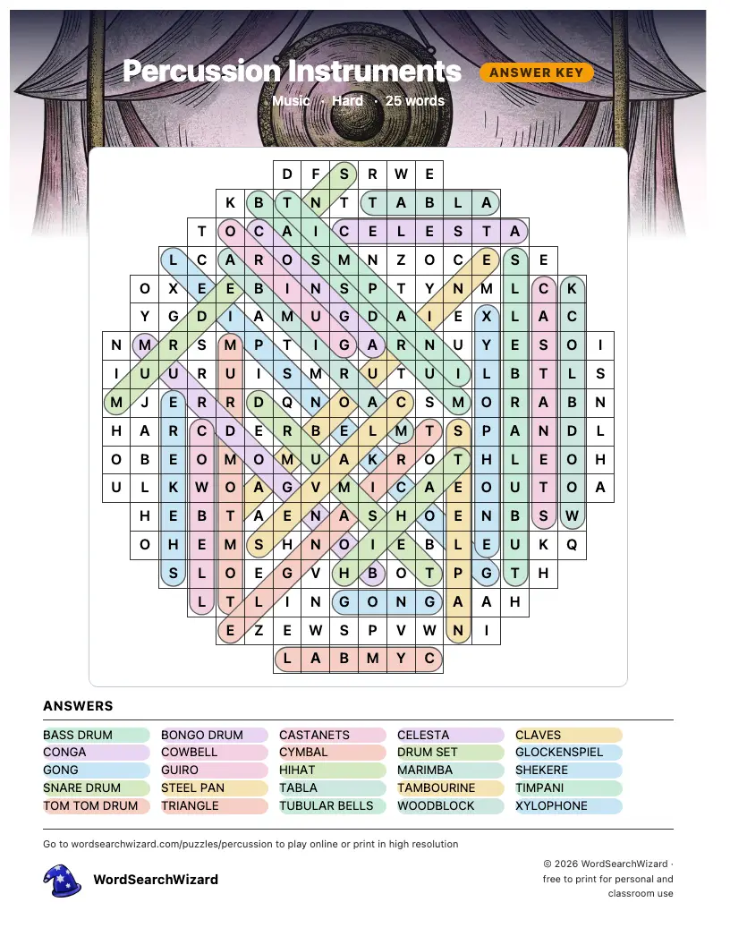 Percussion Instruments word search answer key, all 25 words marked
