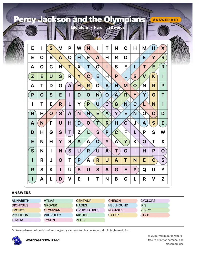 Percy Jackson and the Olympians word search answer key, all 23 words marked
