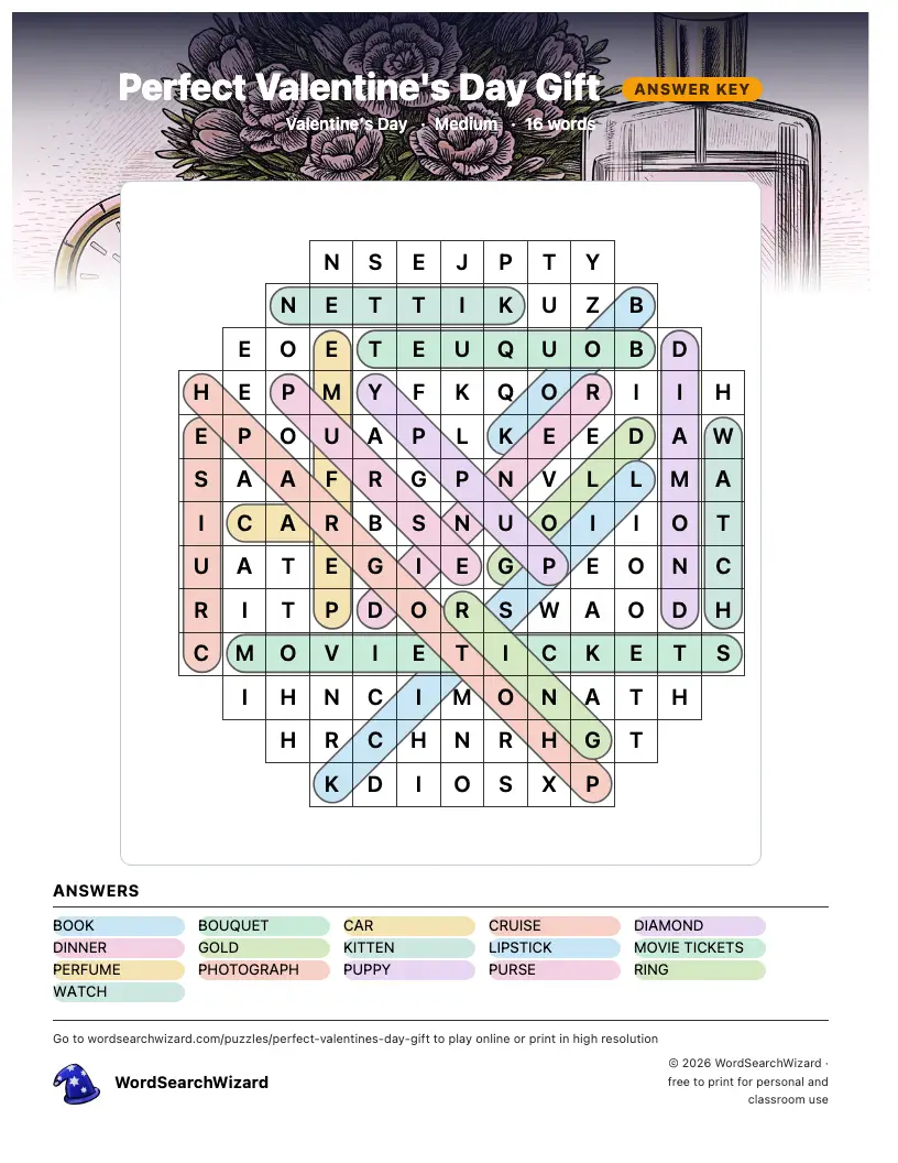 Perfect Valentine's Day Gift word search answer key, all 16 words marked
