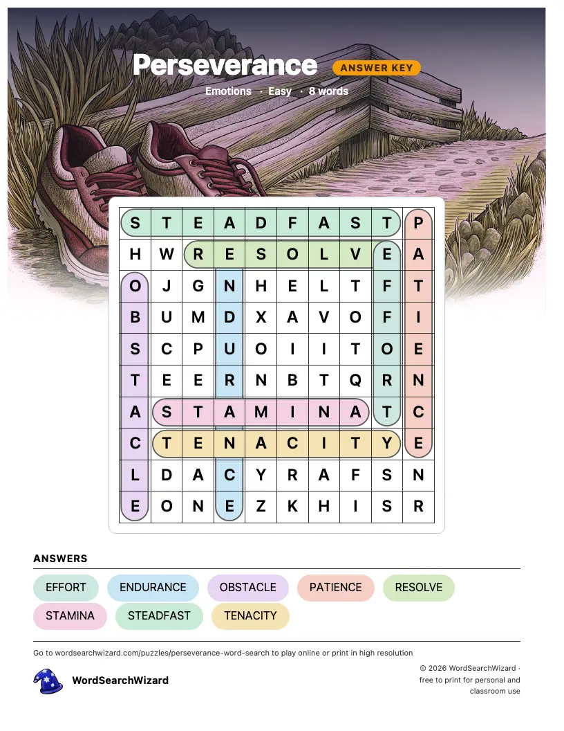 Perseverance word search answer key, all 8 words marked