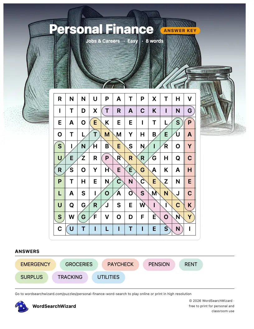 Personal Finance word search answer key, all 8 words marked