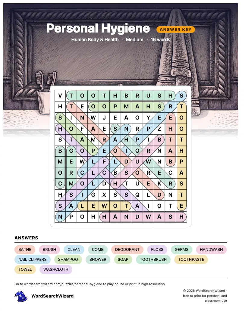 Personal Hygiene word search answer key, all 16 words marked