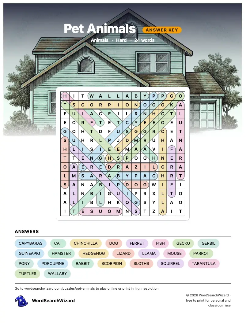 Pet Animals word search answer key, all 24 words marked