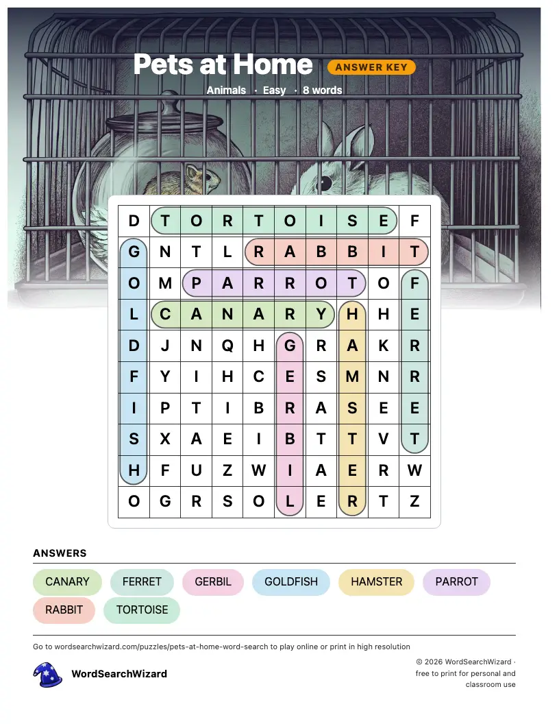 Pets at Home word search answer key, all 8 words marked
