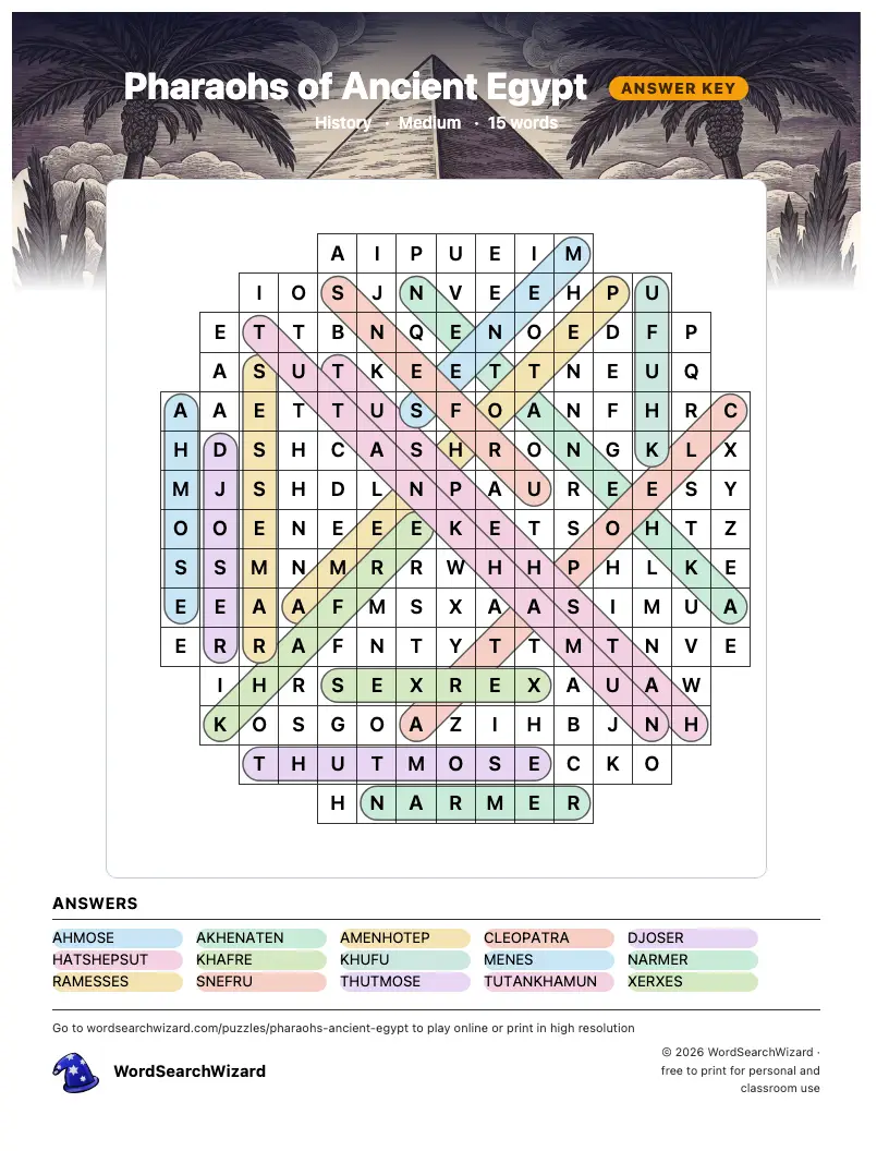 Pharaohs of Ancient Egypt word search answer key, all 15 words marked