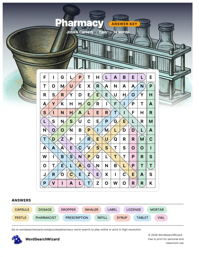 Pharmacy word search answer key, all 14 words marked