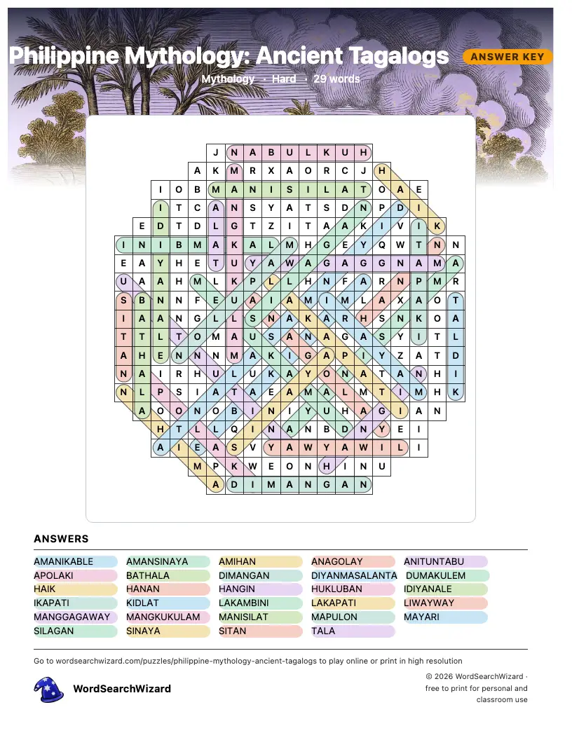 Philippine Mythology: Ancient Tagalogs word search answer key, all 29 words marked