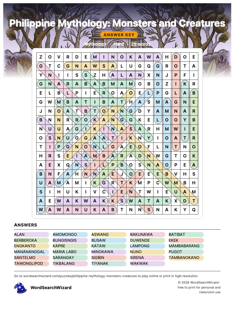 Philippine Mythology: Monsters and Creatures word search answer key, all 29 words marked