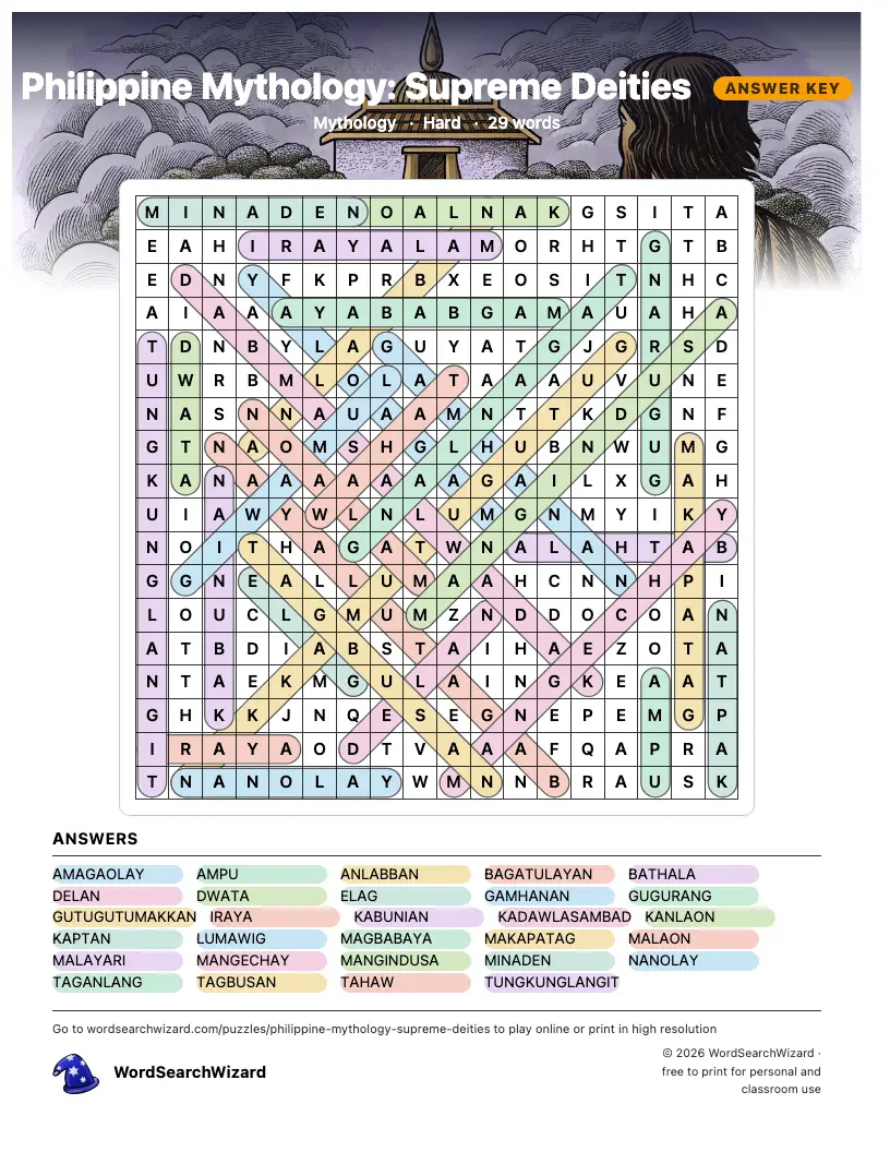 Philippine Mythology: Supreme Deities word search answer key, all 29 words marked