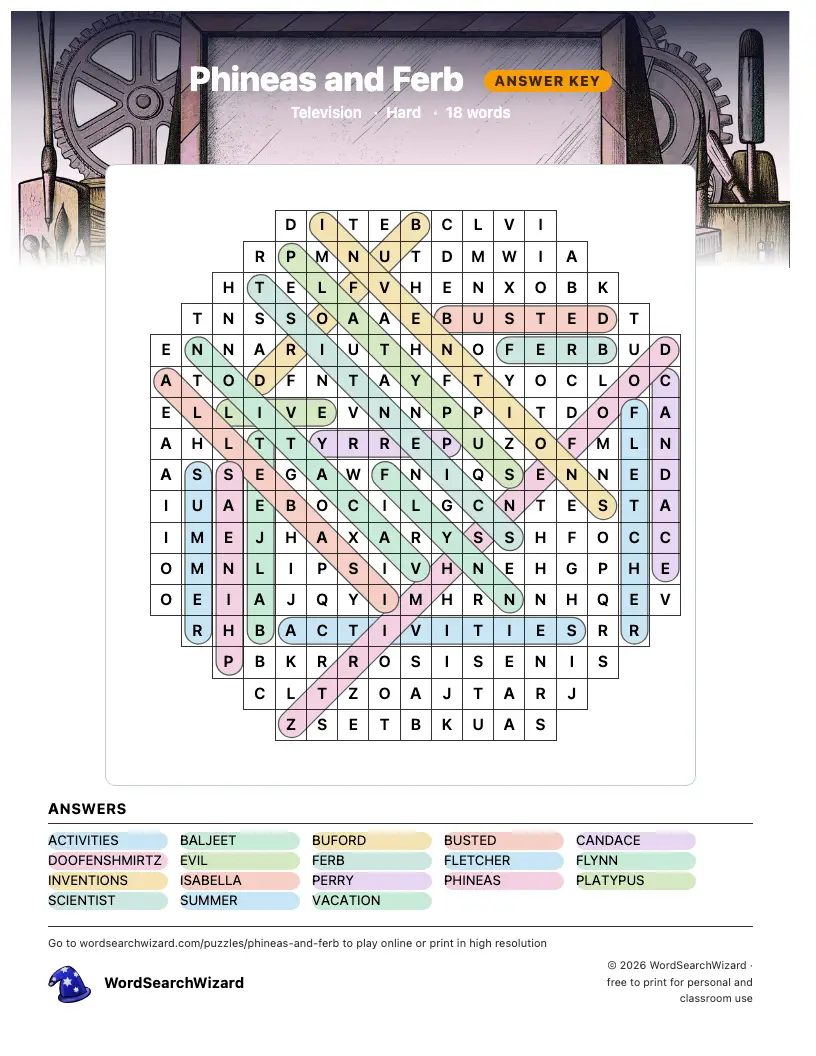 Phineas and Ferb word search answer key, all 18 words marked