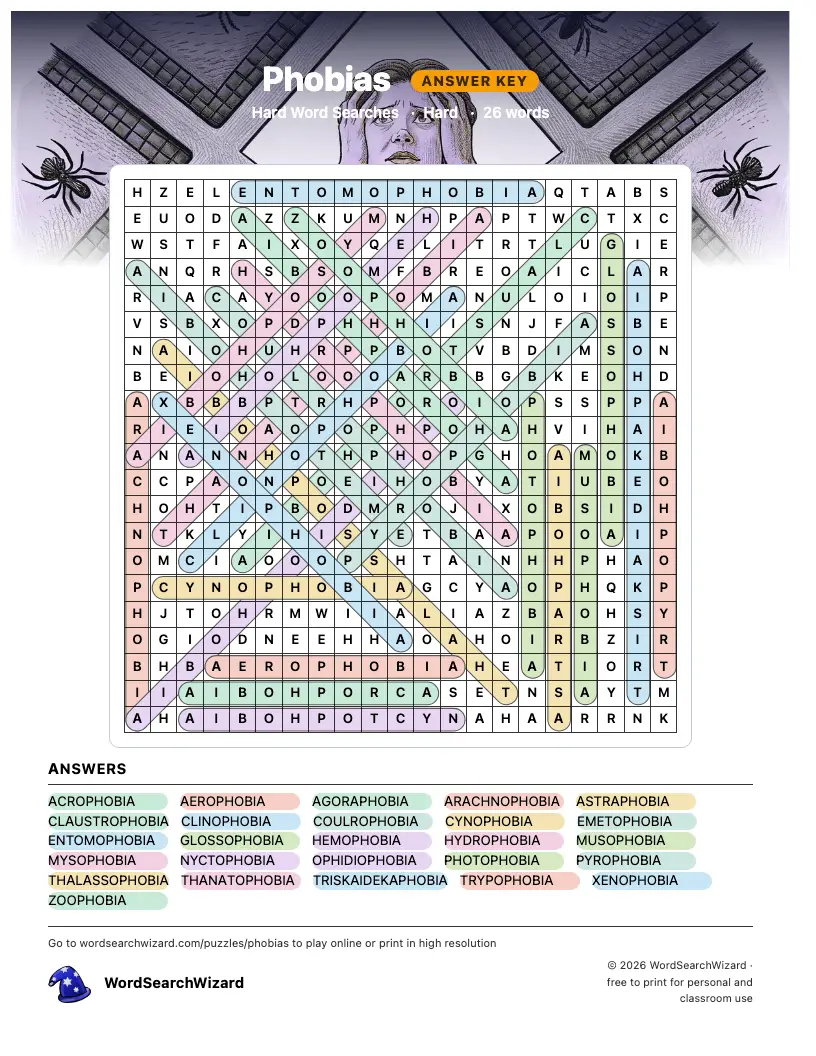Phobias word search answer key, all 26 words marked