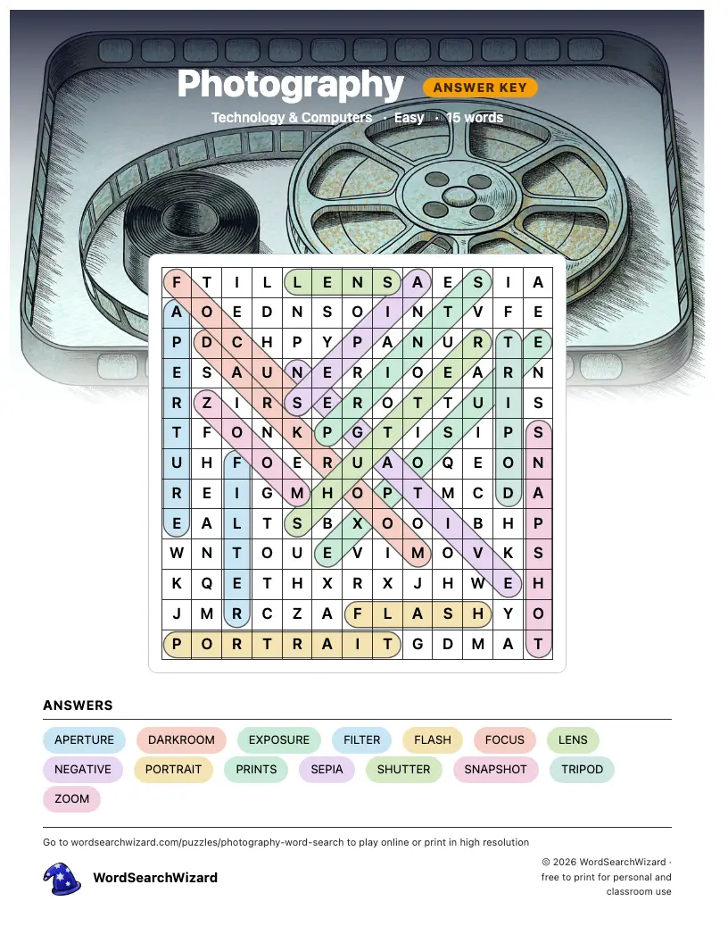 Photography word search answer key, all 15 words marked
