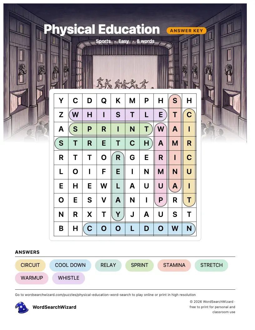 Physical Education word search answer key, all 8 words marked