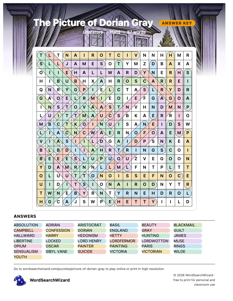 The Picture of Dorian Gray word search answer key, all 37 words marked