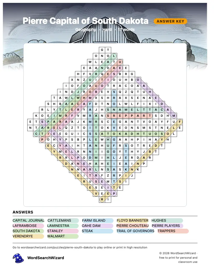 Pierre Capital of South Dakota word search answer key, all 17 words marked