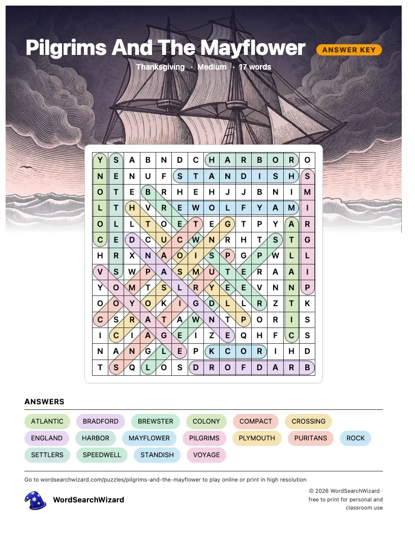 Pilgrims And The Mayflower word search answer key, all 17 words marked