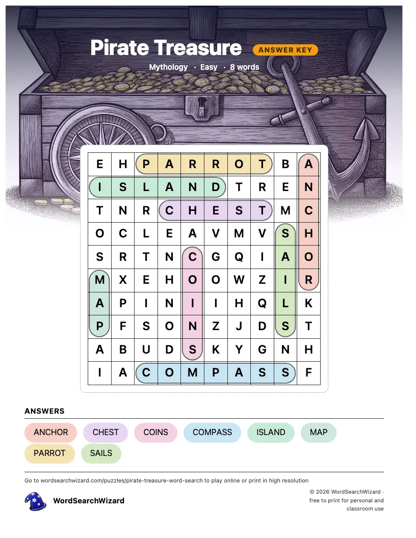Pirate Treasure word search answer key, all 8 words marked