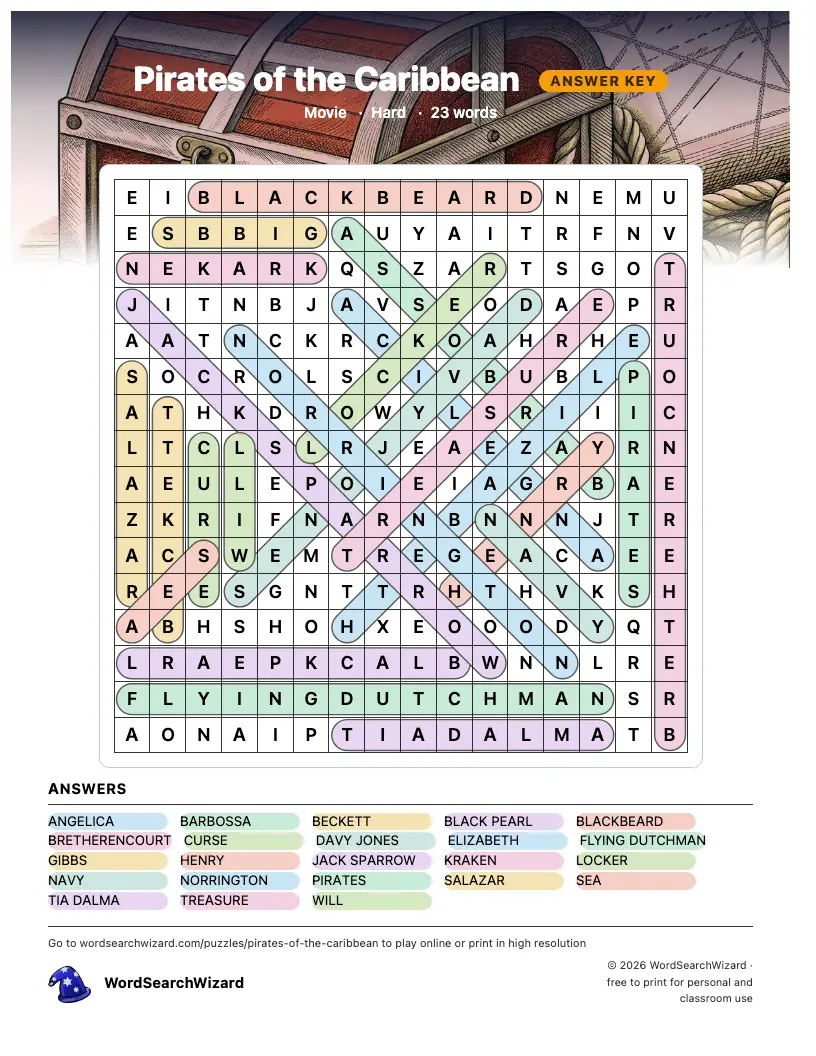 Pirates of the Caribbean word search answer key, all 23 words marked