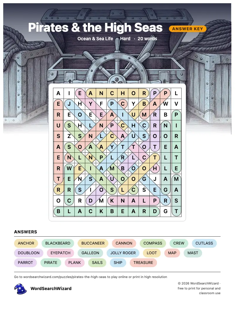 Pirates & the High Seas word search answer key, all 20 words marked