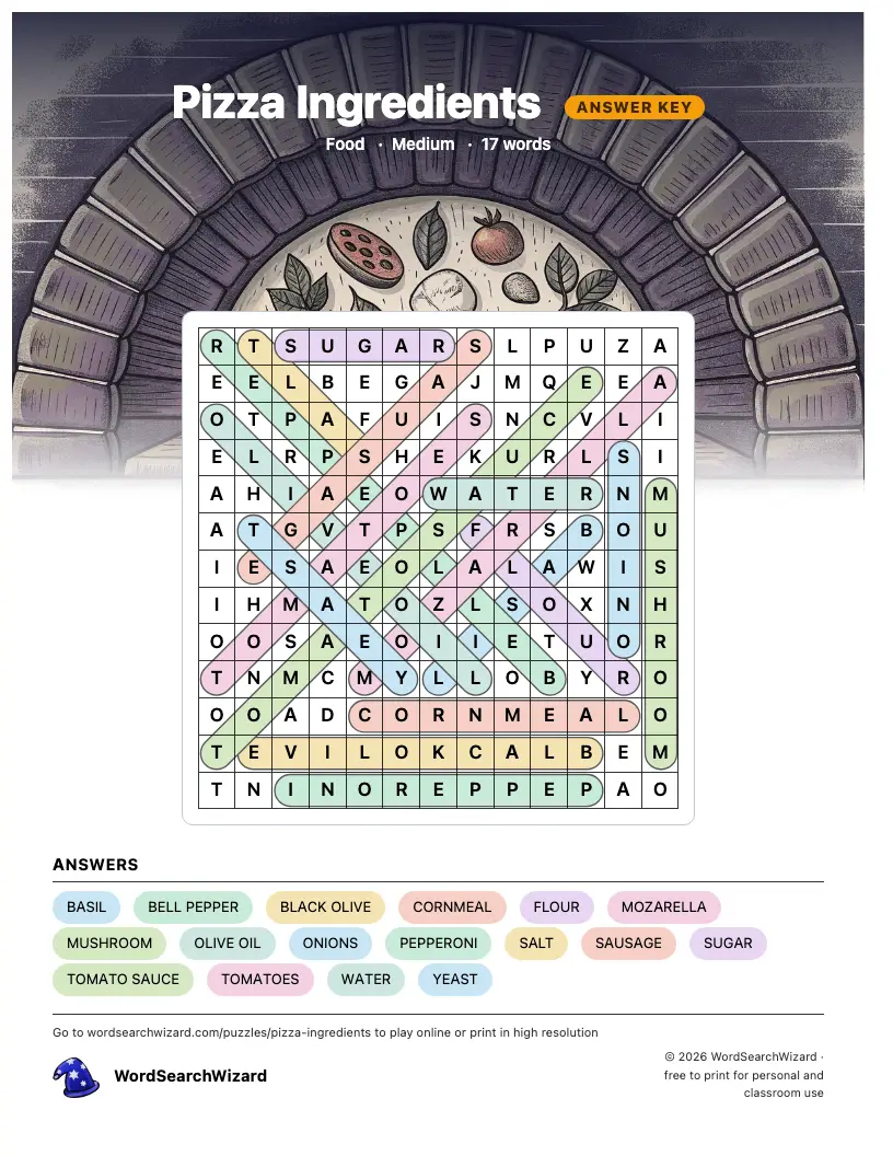 Pizza Ingredients word search answer key, all 17 words marked