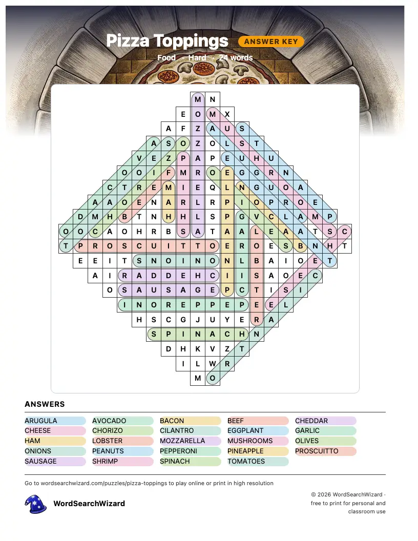 Pizza Toppings word search answer key, all 24 words marked