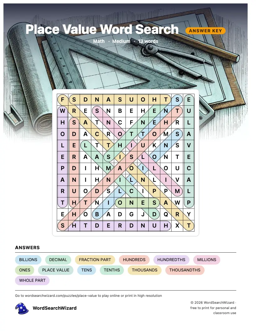 Place Value word search answer key, all 13 words marked