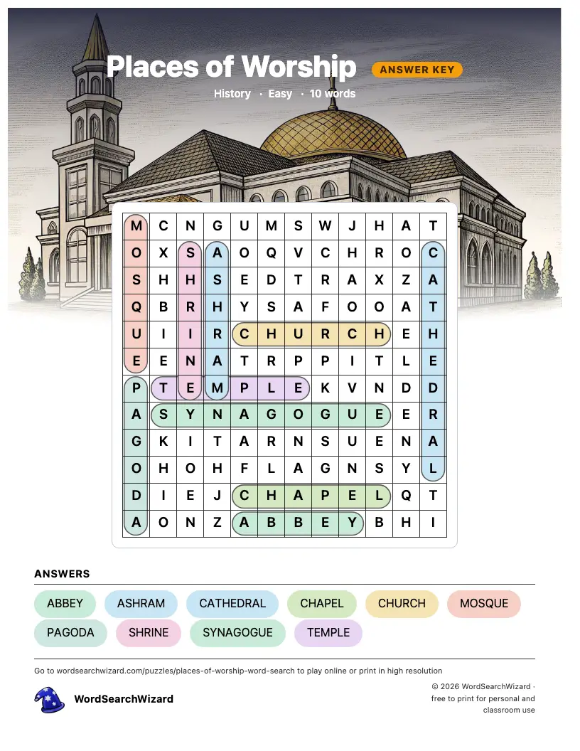 Places of Worship word search answer key, all 10 words marked