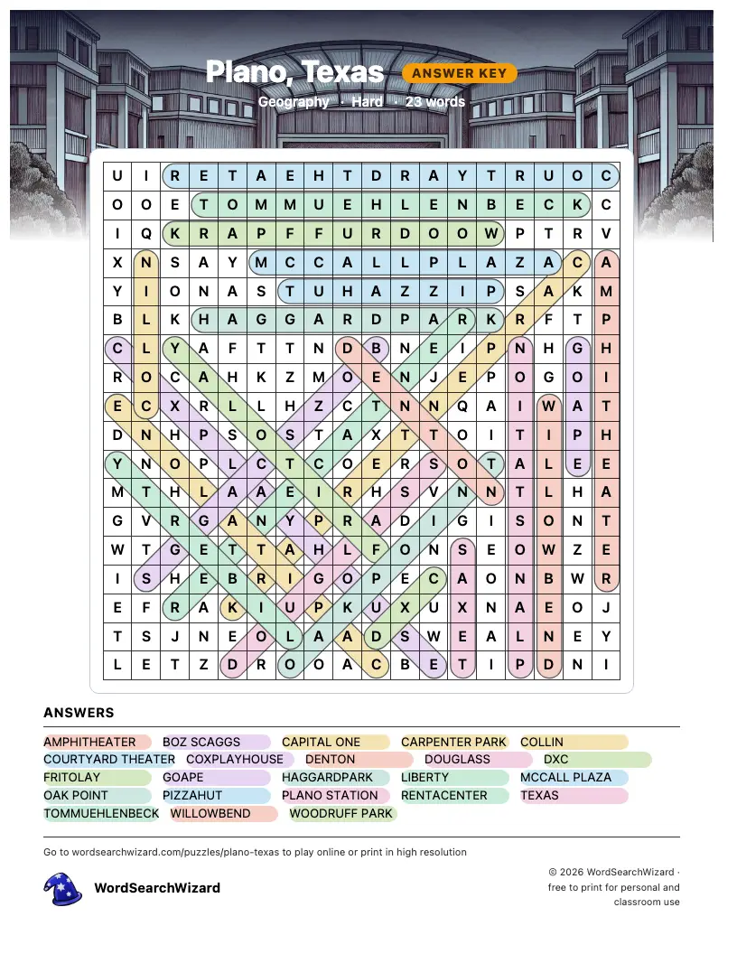 Plano, Texas word search answer key, all 23 words marked