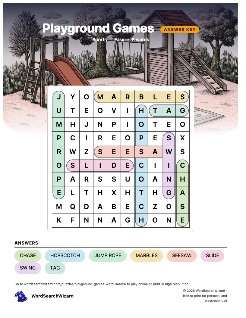 Playground Games word search answer key, all 8 words marked