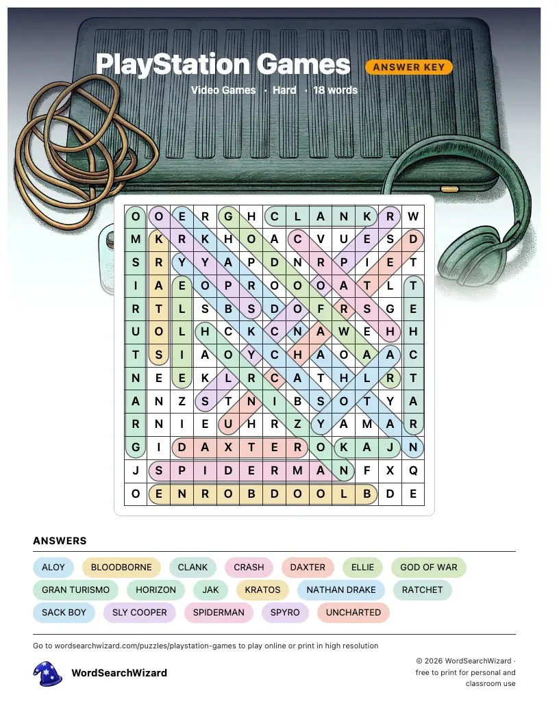 PlayStation Games word search answer key, all 18 words marked