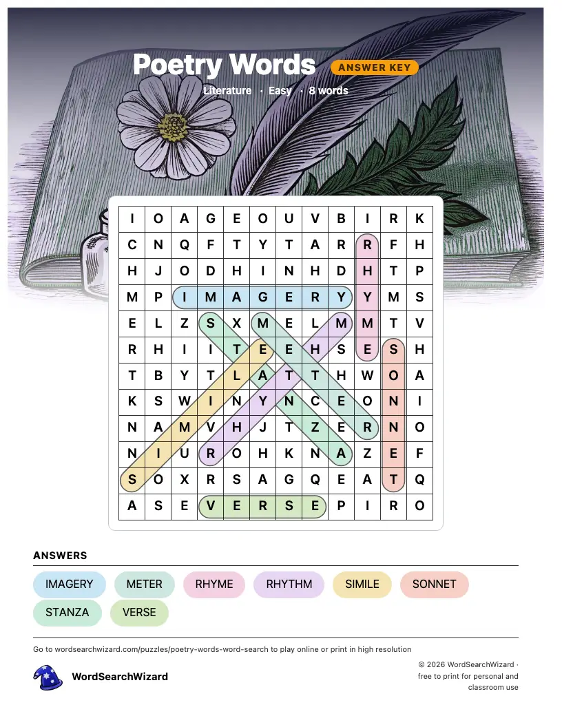 Poetry Words word search answer key, all 8 words marked